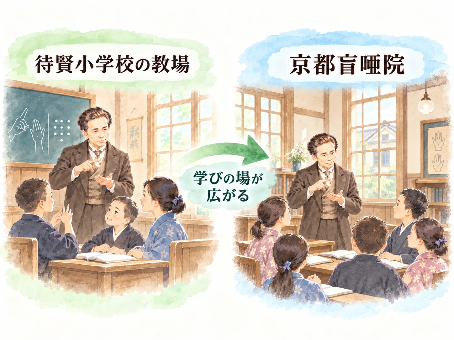 待賢小学校の教場から京都盲唖院へ学びの場が広がる流れを、二つの教室と矢印で示したイラスト