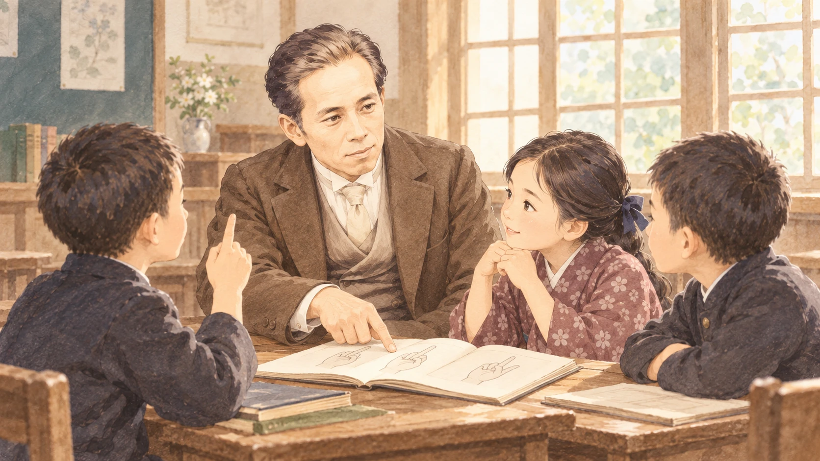 教師と子どもたちが、手の形を描いた本を囲んで学ぶ場面のイラスト
