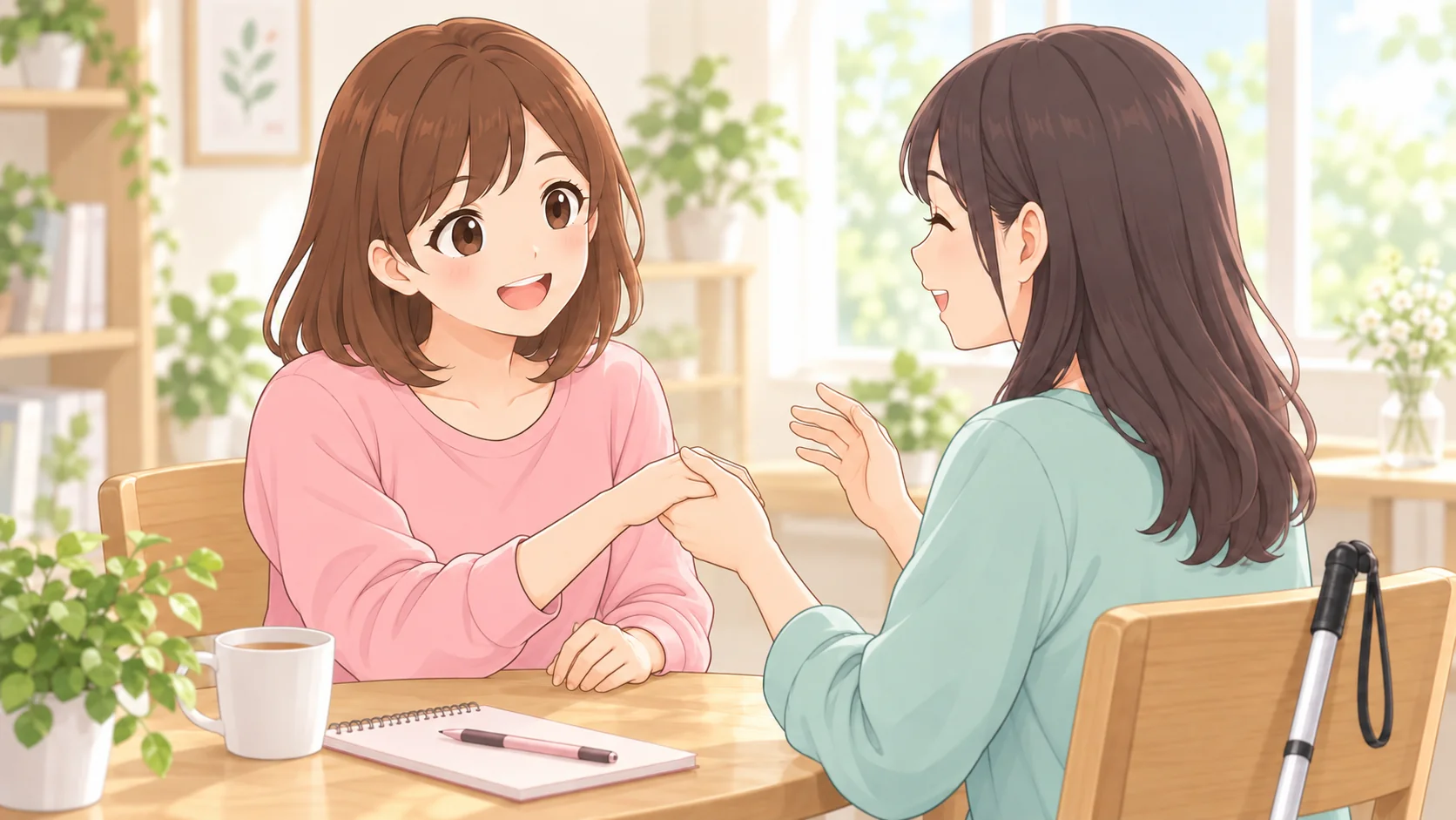 向かい合って座り、相手の手に触れて会話する二人の成人のイラスト