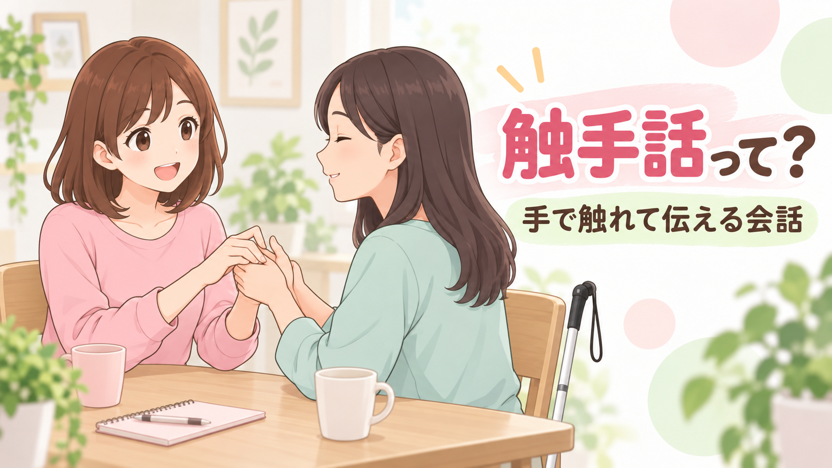 相手の手に触れて会話する二人と「触手話って？ 手で触れて伝える会話」の文字