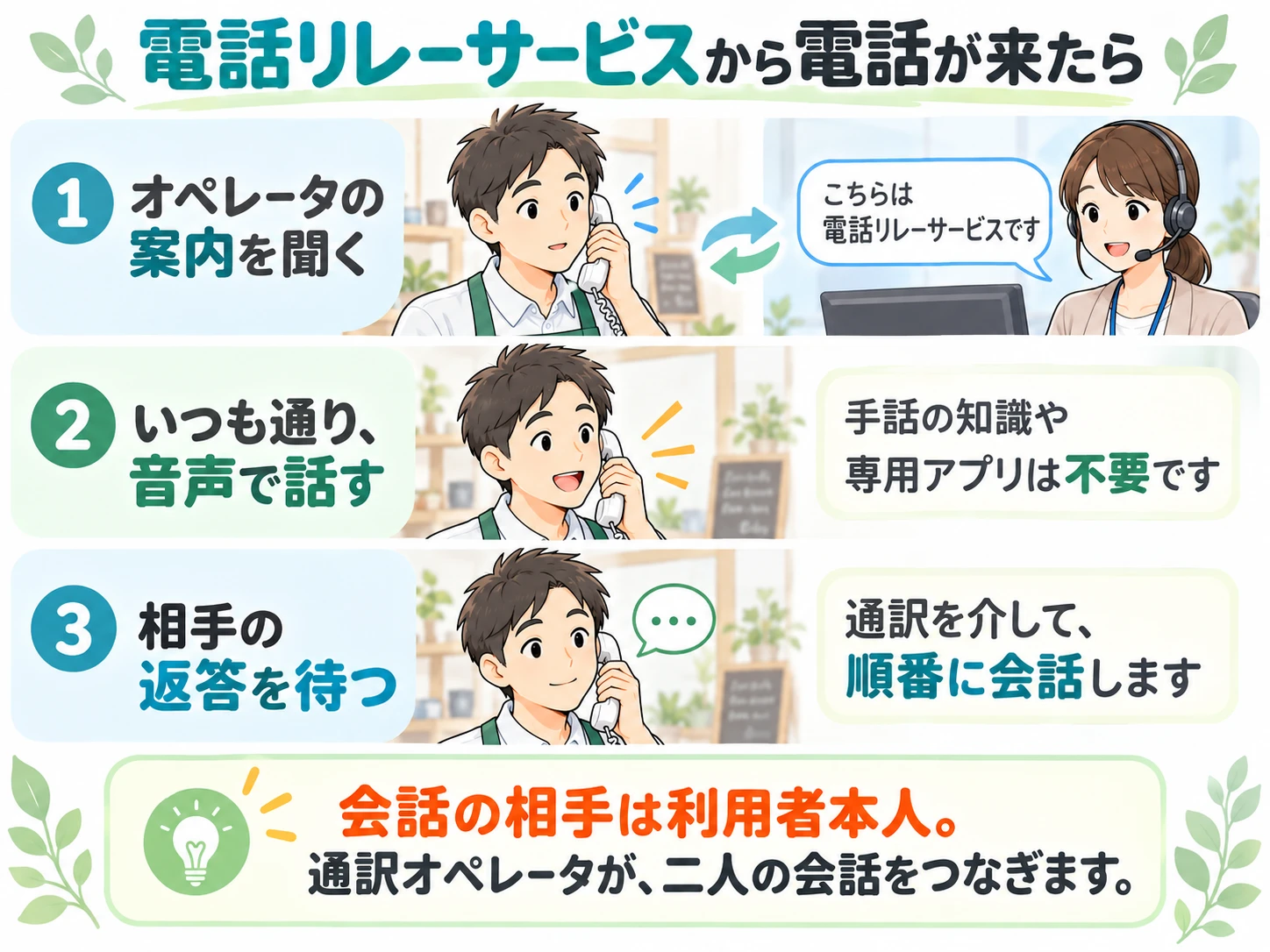 電話リレーサービスを介した電話を受けるときの対応を、オペレータの案内を聞く、音声で話す、相手の返答を待つという三つの順序で示したイラスト
