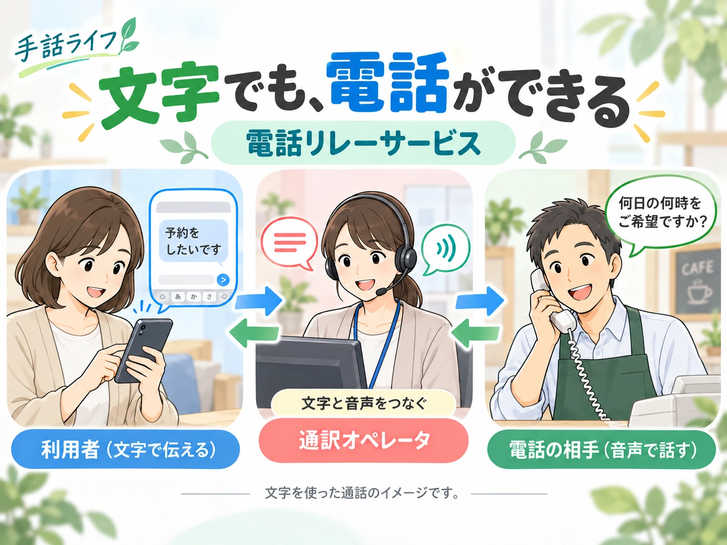 利用者が文字で予約の希望を伝え、通訳オペレータが音声にしてお店に伝える様子と、お店の返答を文字で利用者に返す流れを双方向の矢印で示したイラスト