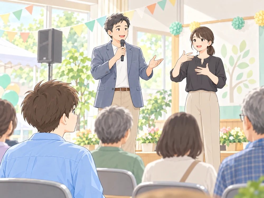 マイクで話す司会者の隣で、その内容を手話で伝える人と、客席から見ている学習者を描いたイメージイラスト
