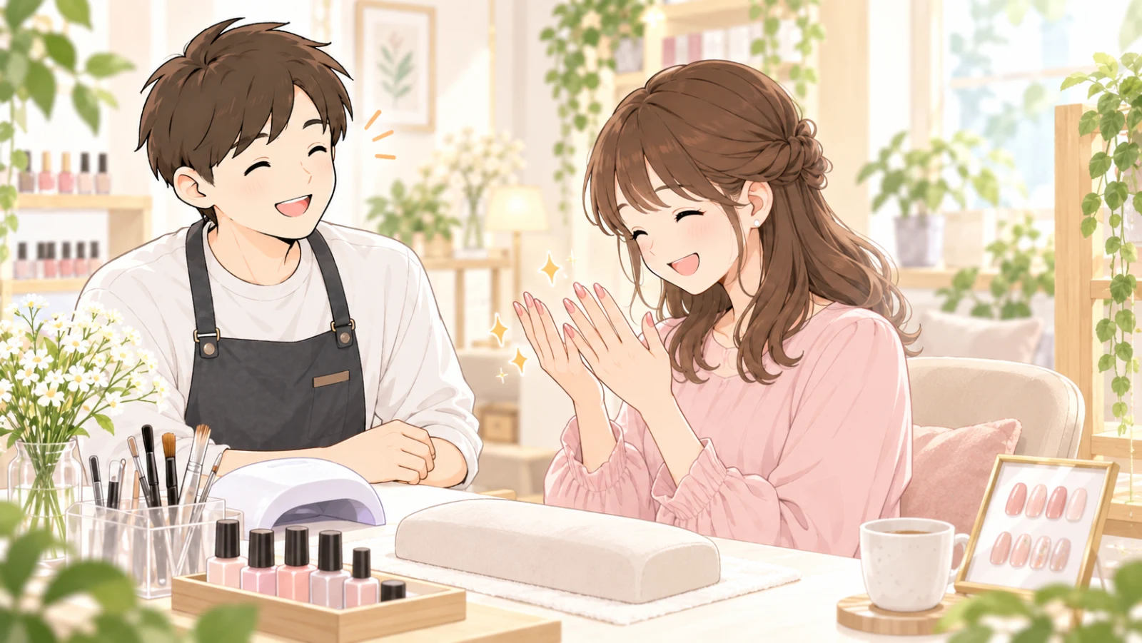 仕上がったネイルを見て笑顔になる女性のお客様と男性ネイリストのイラスト