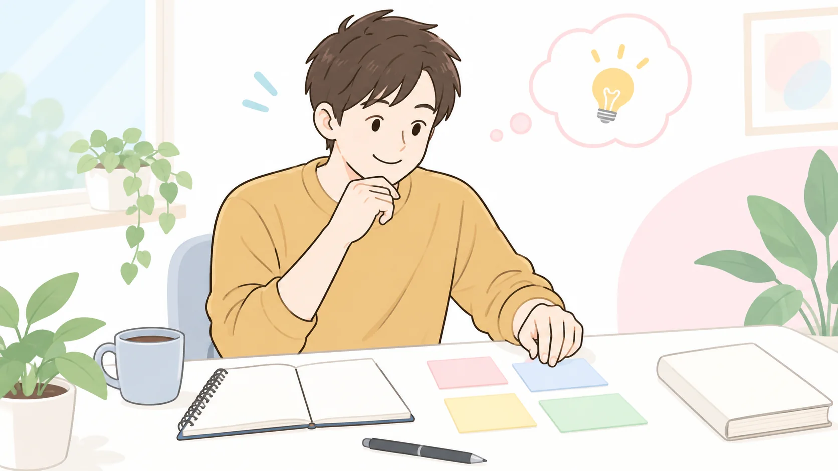 資料とメモを並べて、小論文の主張と理由を整理する学習者のイラスト