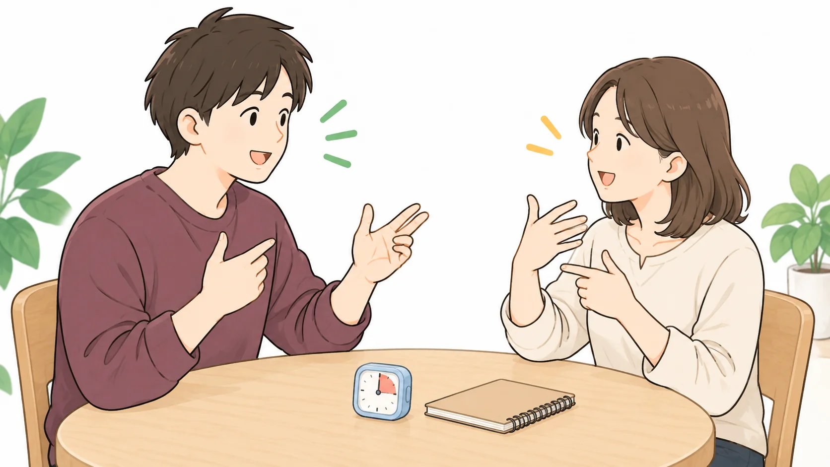 練習相手と向き合い、スピーチ後の手話での質問と応答を練習する学習者のイラスト