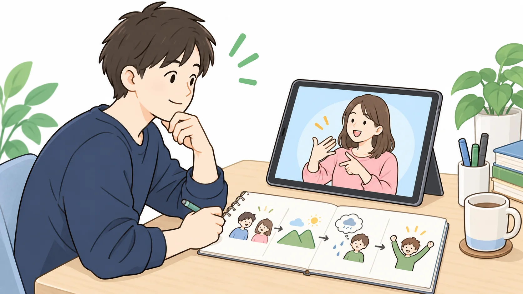 手話の映像を見ながら、登場人物と出来事の流れをノートで整理する学習者のイラスト