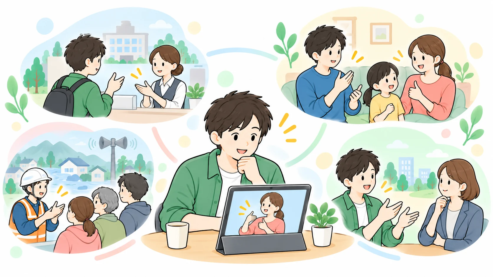 1級の読み取りで扱う生活と社会の題材を示すイラスト