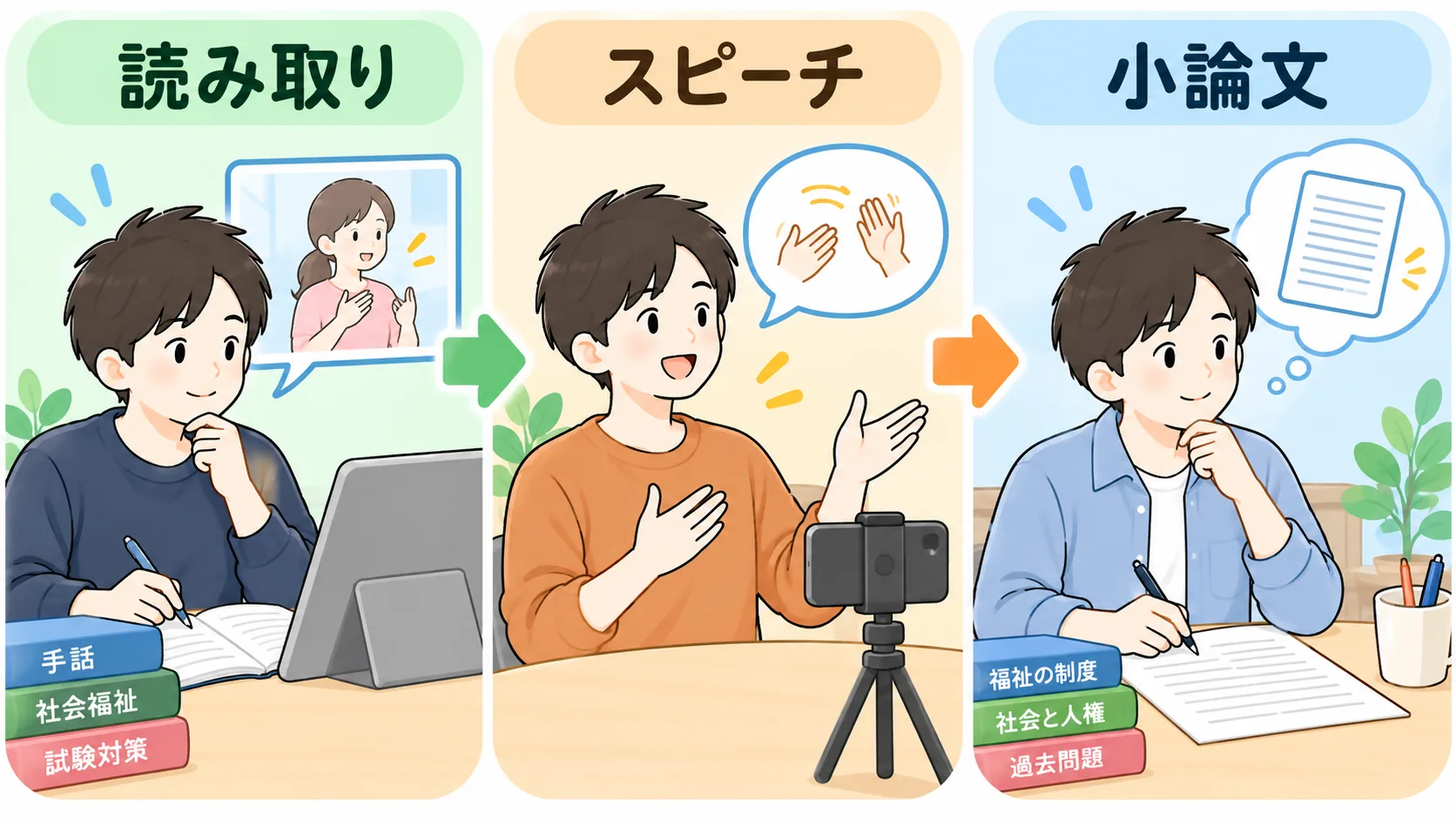 同じ男性学習者が、手話の読み取り、スピーチ、小論文を順に練習する三場面のイラスト