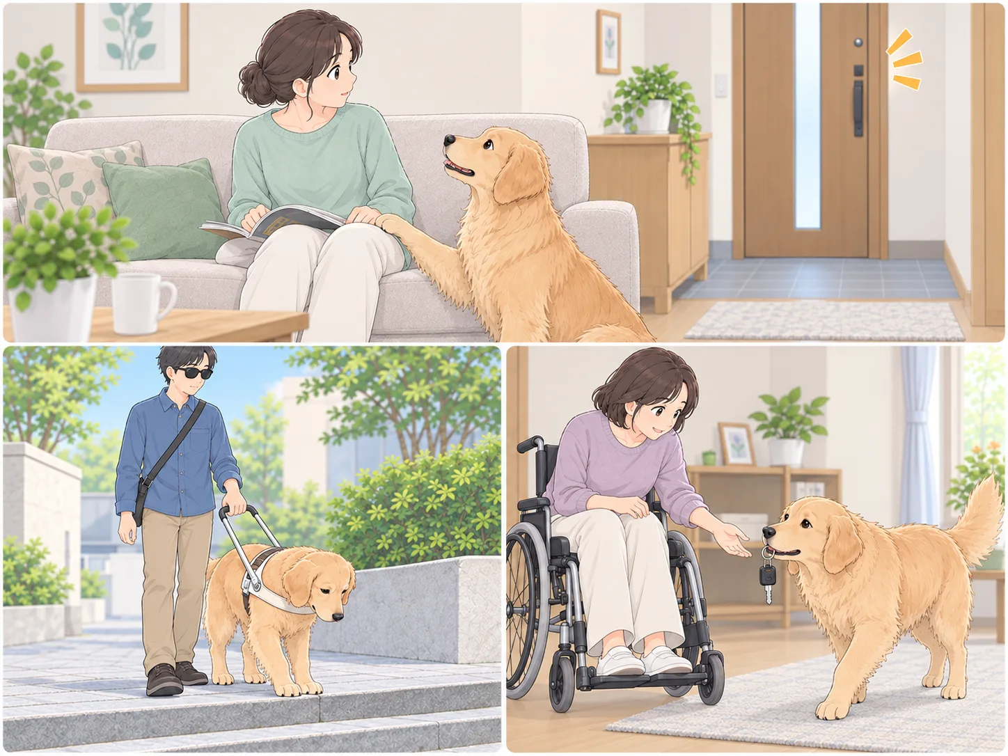 上段では聴導犬が呼び鈴を知らせ、左下では盲導犬が歩行を支え、右下では介助犬が鍵を届けるイメージ