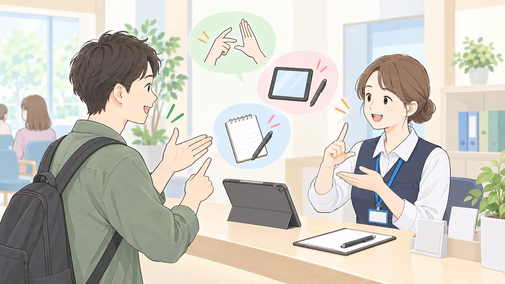 手話や筆談などでやり取りする窓口のイラスト