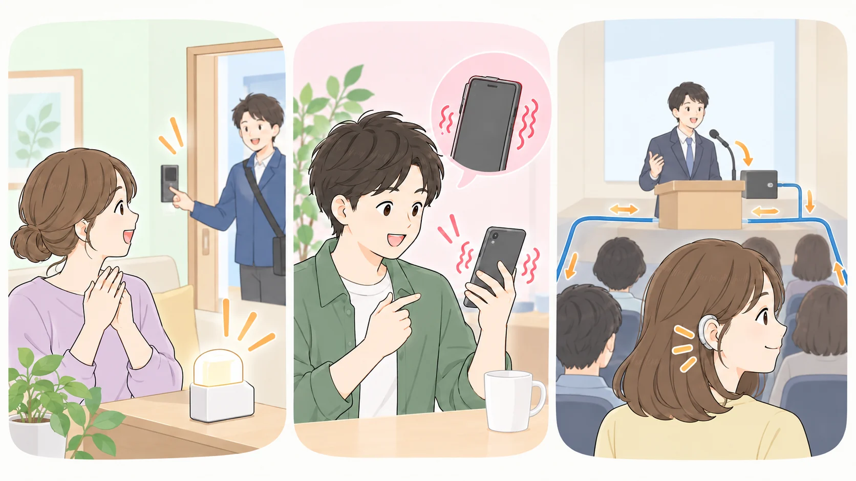 光で知らせる呼び鈴、振動で知らせるスマートフォン、会場の磁気ループと補聴器