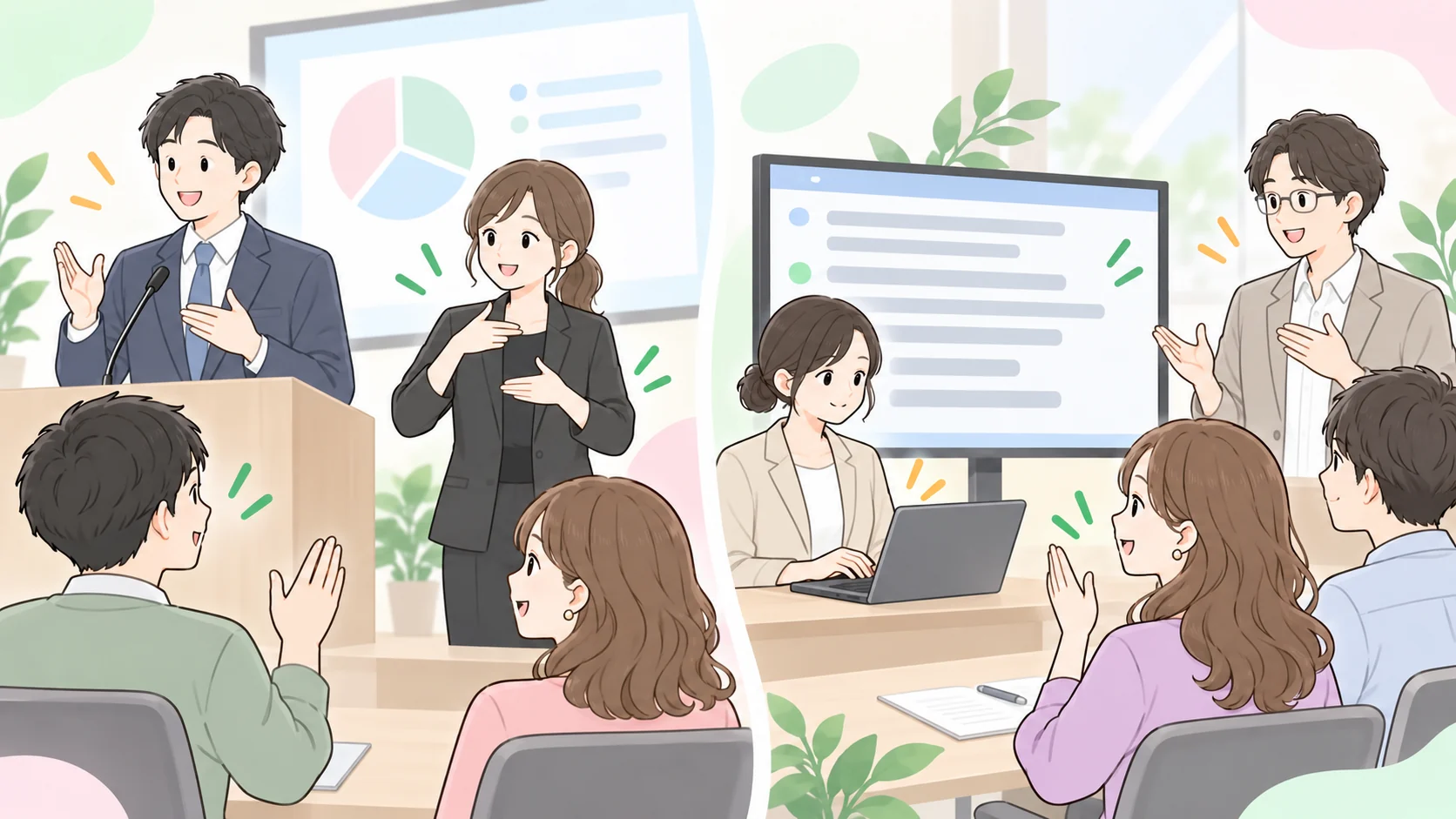 会議で手話通訳と要約筆記を利用し、その場で内容を確認する様子