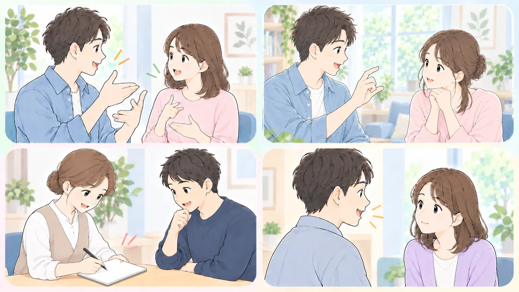 手話、指文字、筆談、読話を4コマで示すイラスト