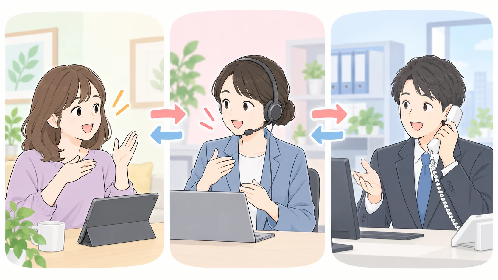 利用者と通訳オペレータ、通話相手を双方向の矢印でつないだ電話リレーサービスのイメージ