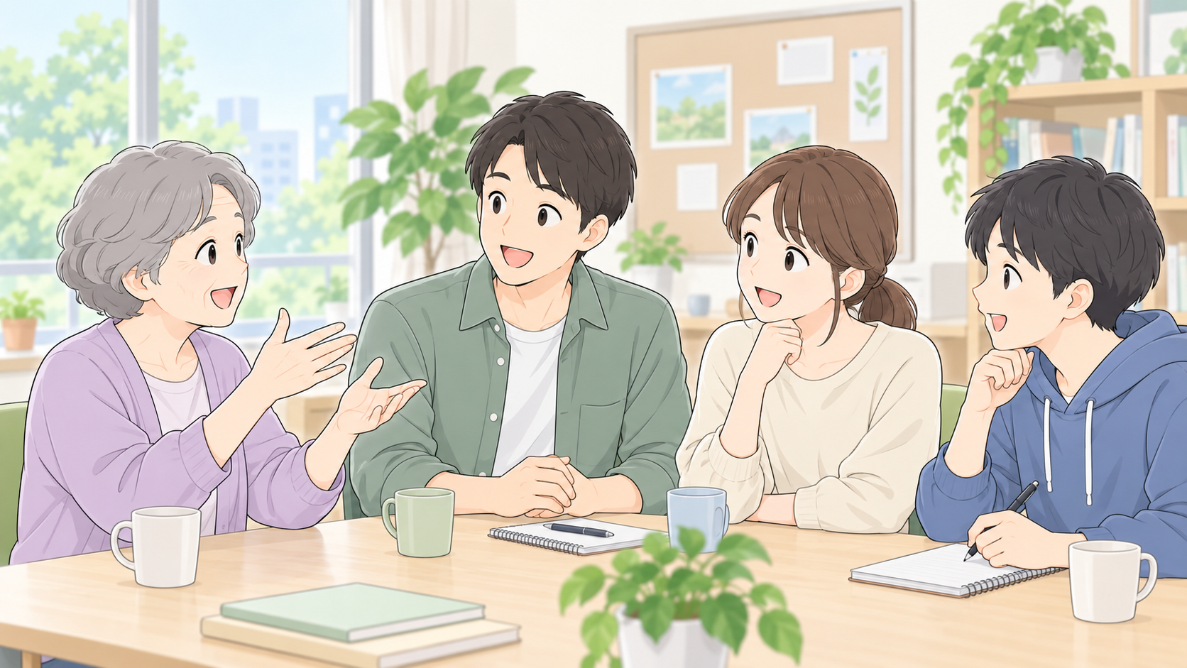 地域で世代を超えて手話を学び交流するイラスト