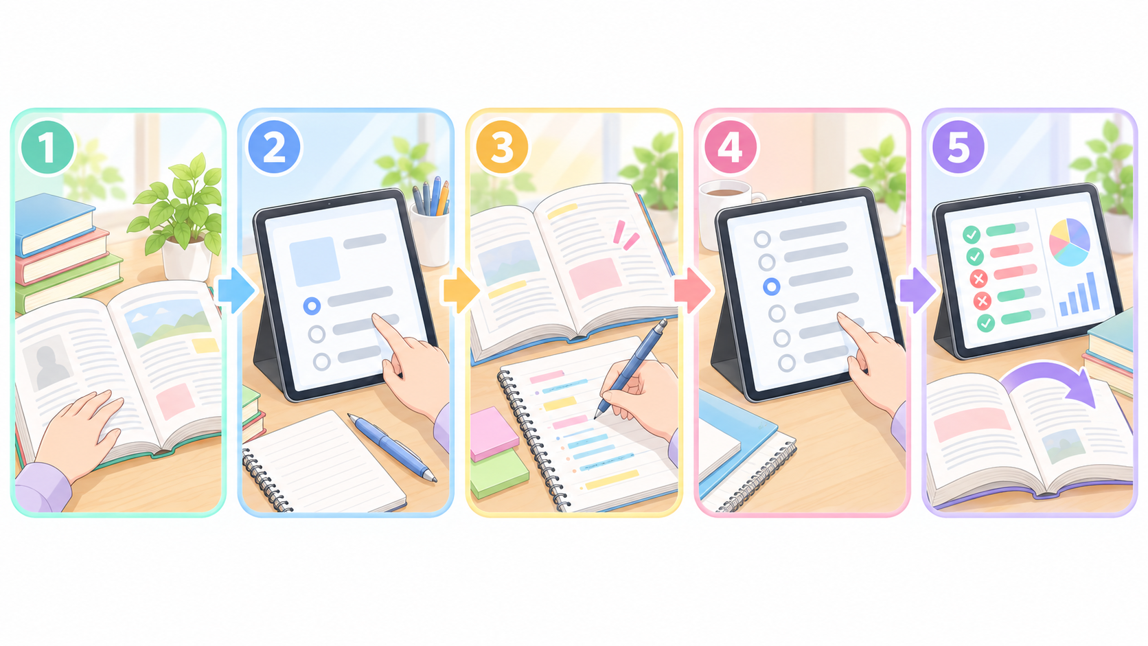 1 教材を読む、2 復習問題を解く、3 間違いを見直す、4 確認テストを解く、5 模擬試験の結果から復習する流れ
