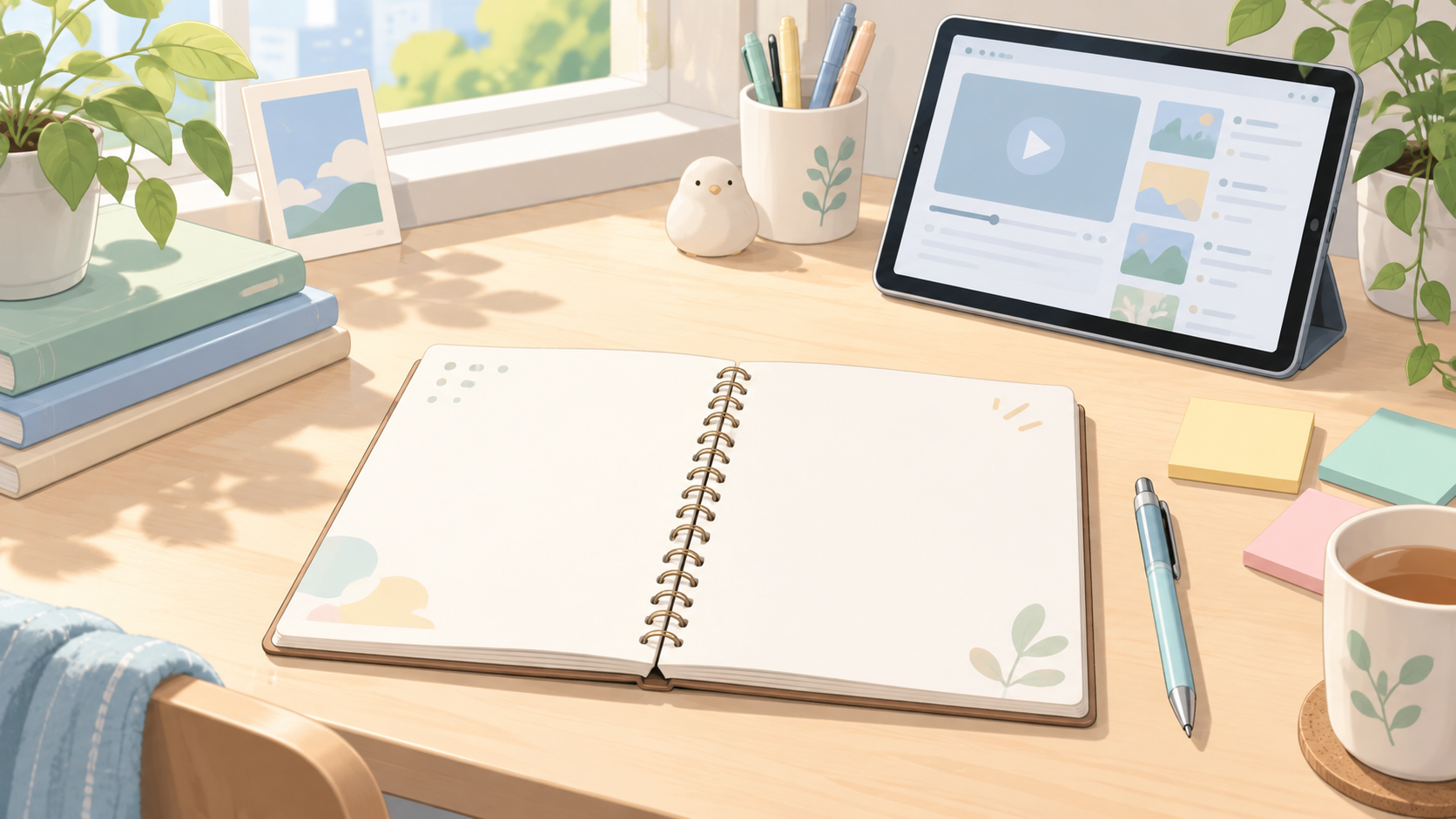 ノートとタブレットを使った学習のイラスト