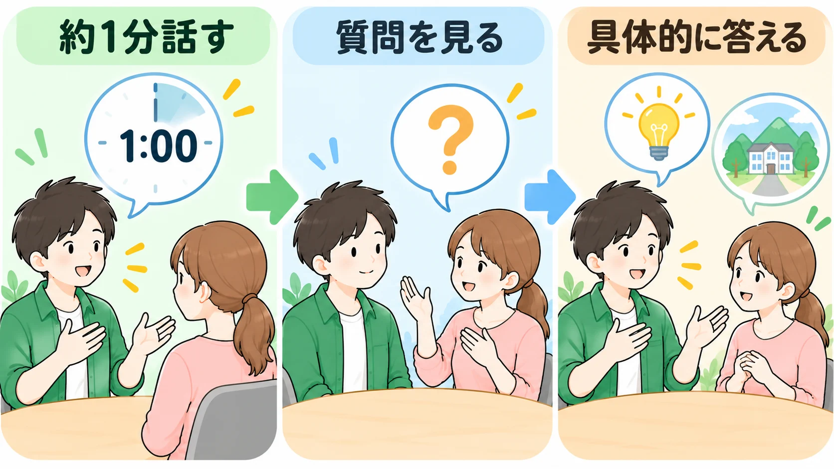 約1分話し、相手の質問を見て、具体的に答える面接練習の流れを示すイラスト