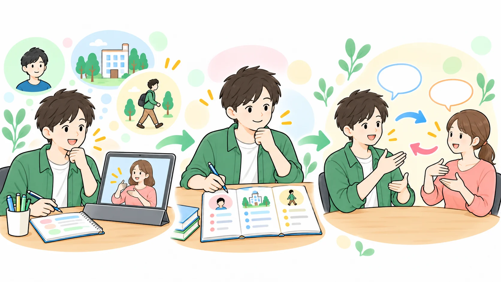 手話の映像を見て人物・場所・活動を整理し、練習相手との会話につなげる学習者のイラスト