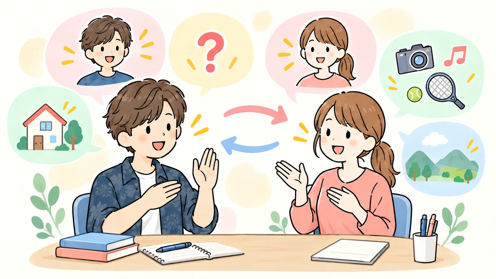 二人で向かい合い、自己紹介や質問への応答を練習するイラスト