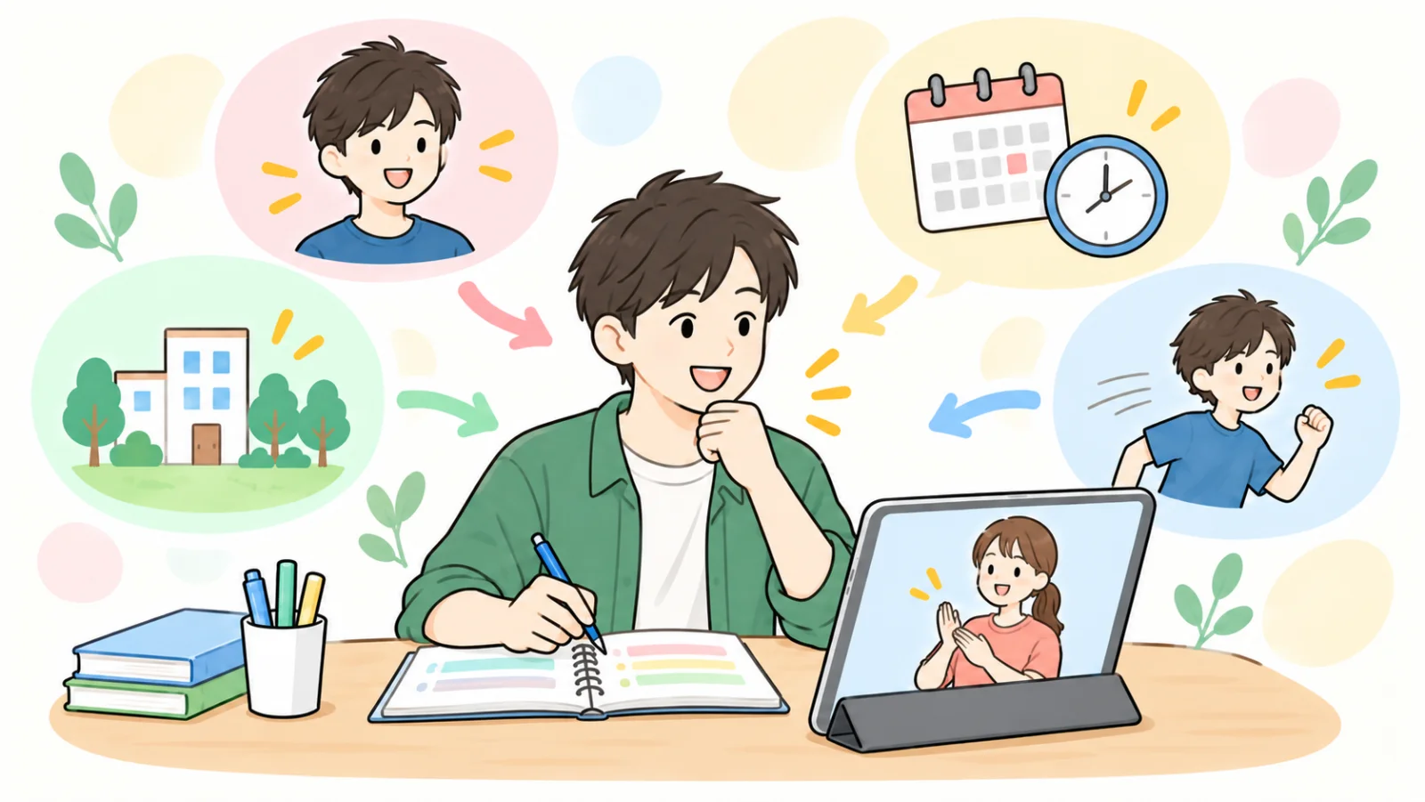 手話の動画を見ながら人物・日時・場所・行動の手がかりを整理する学習者のイラスト