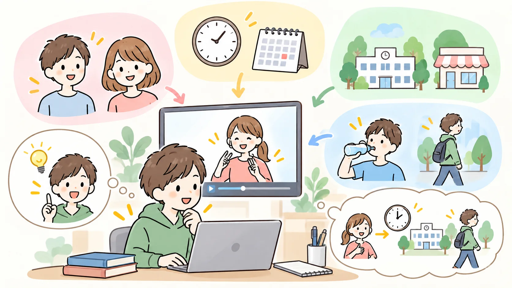 動画を見ながら人物・日時・場所・行動の手がかりを整理する学習者のイラスト