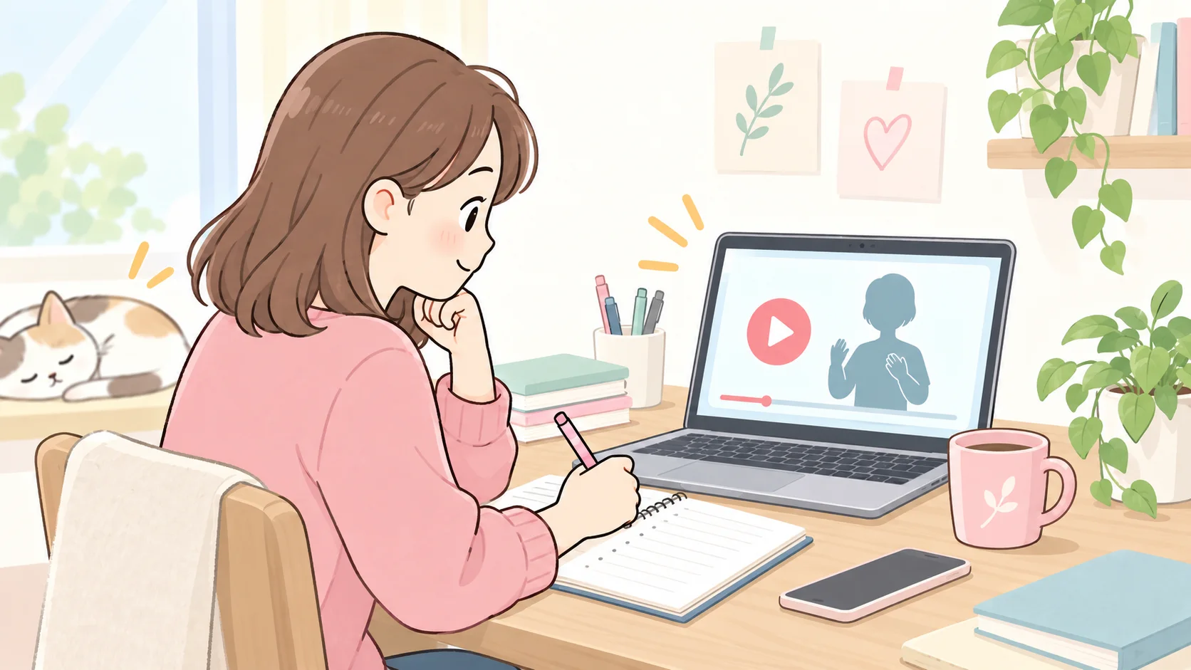 手話の動画を見ながら単語をノートにメモする学習者のイラスト