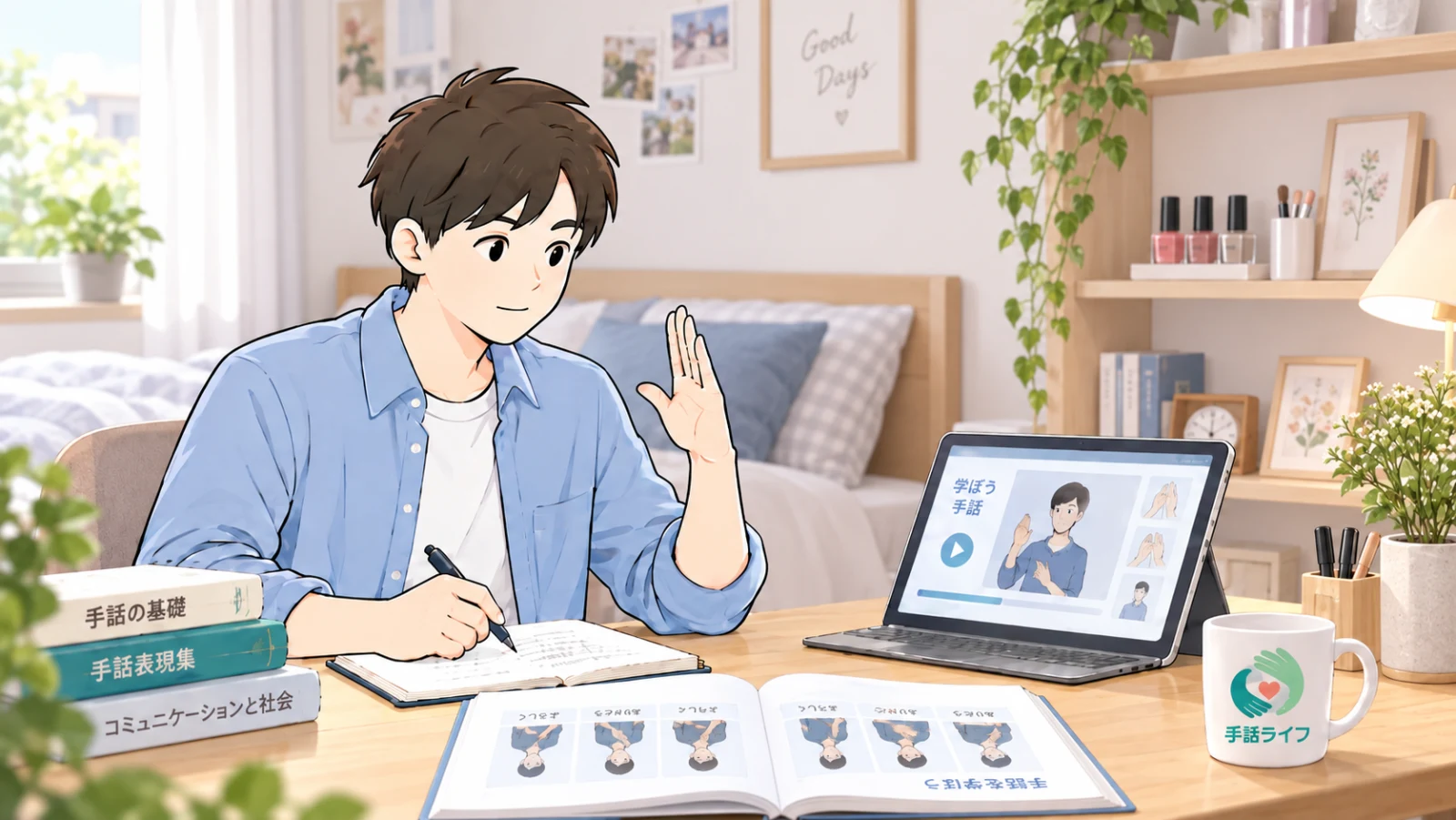 自宅で動画教材とテキストを見ながら手話を練習し、ノートに書き留める男性のイラスト
