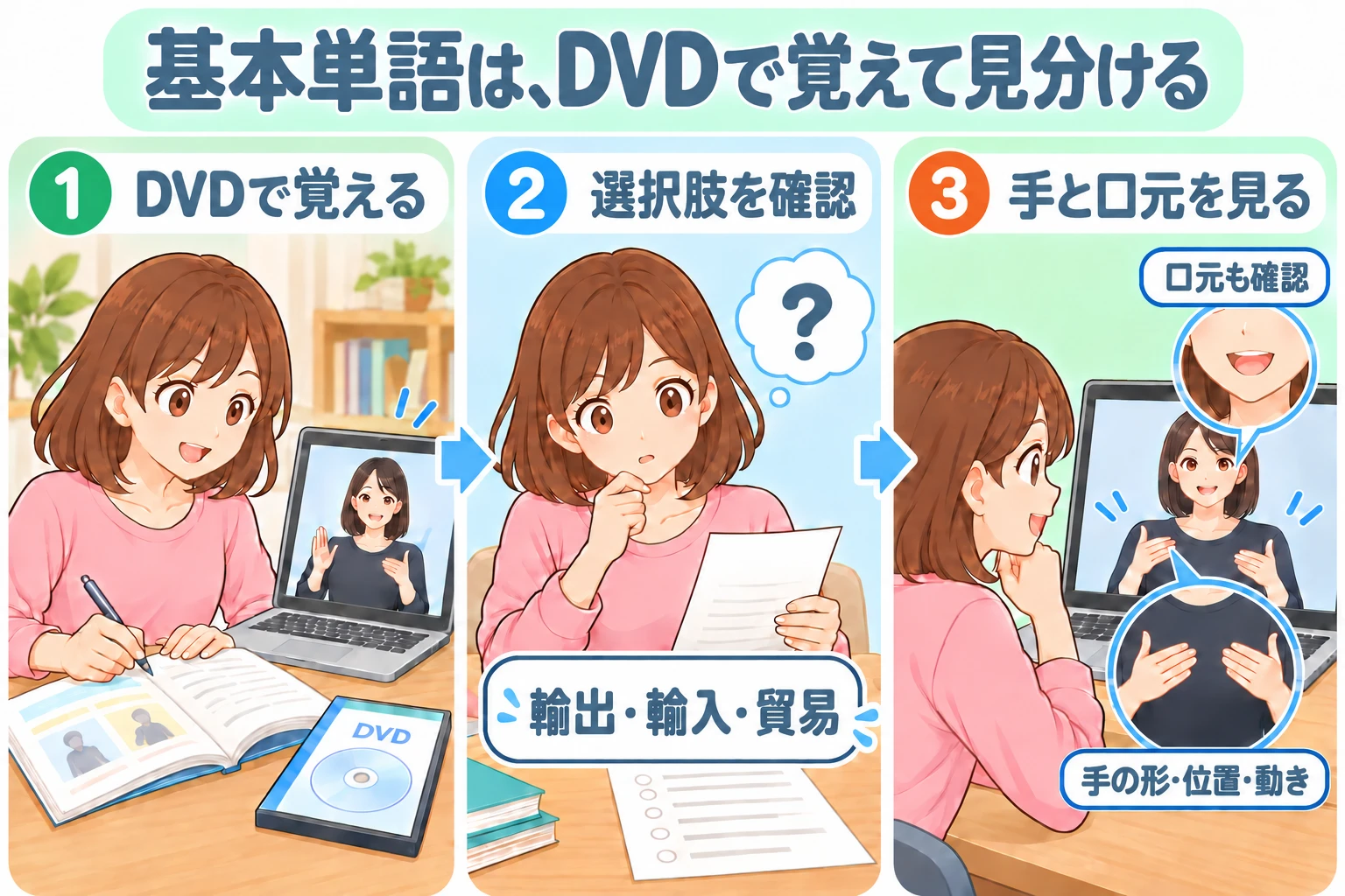 DVDで単語を覚え、選択肢を確認し、手の形や動きと口元を見て読み取る女性の3場面の図解