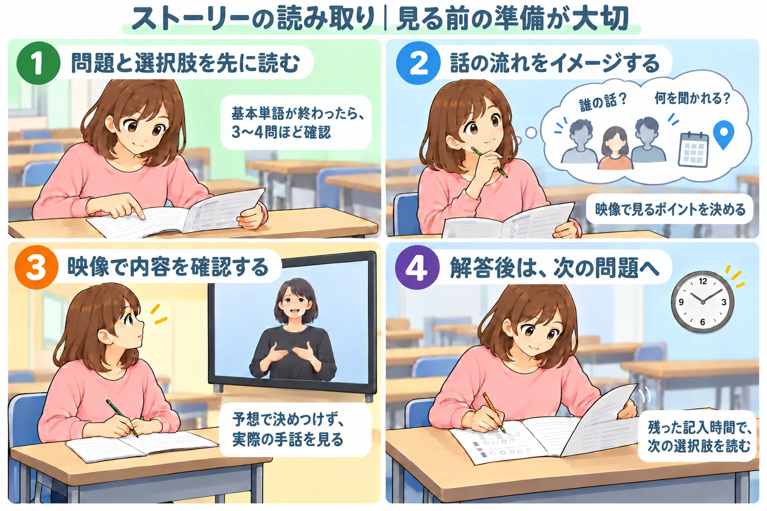 問題と選択肢を先に読む、話の流れをイメージする、映像で確認する、解答後に次の問題を読むという4つの流れ