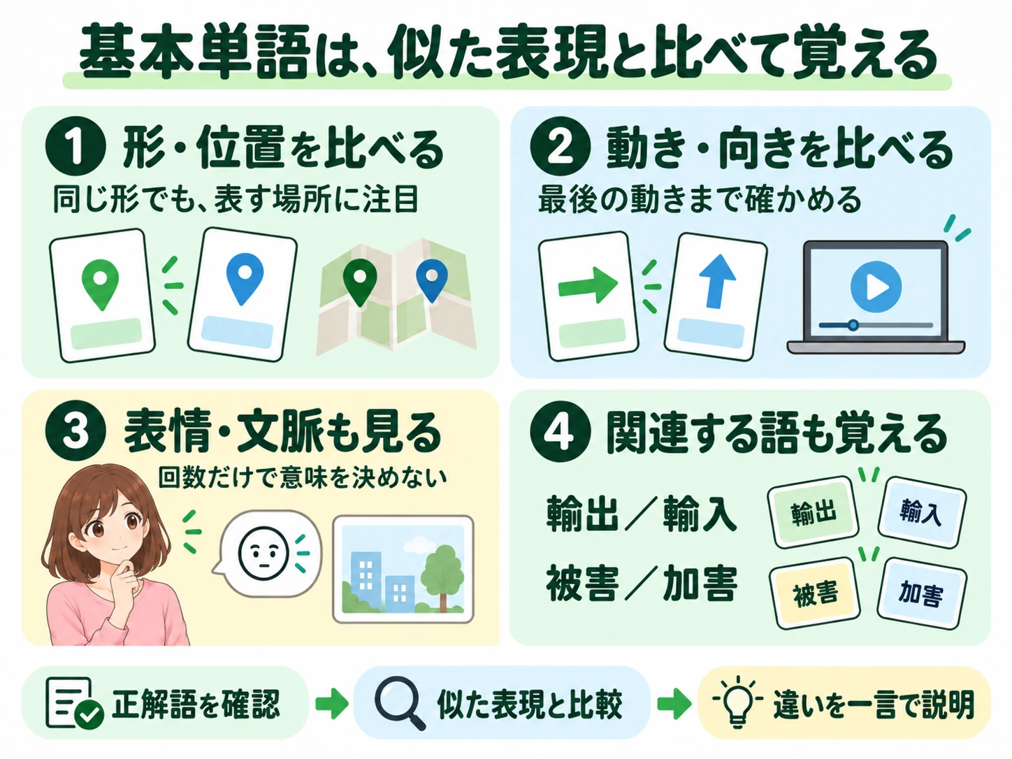基本単語を形・位置、動き・向き、表情・文脈、関連する語の四つの観点で比較し、違いを説明する復習の図