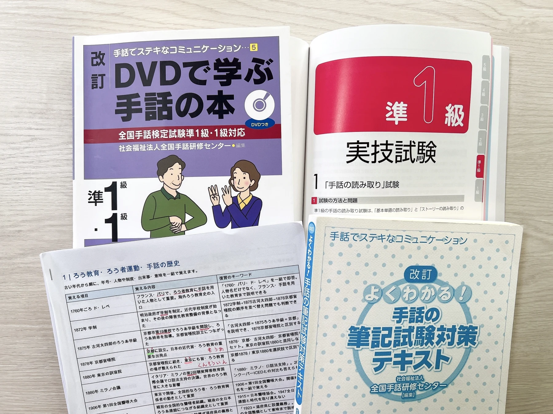 準1級の実技試験の過去問題集とDVD教材、筆記テキスト、復習プリント
