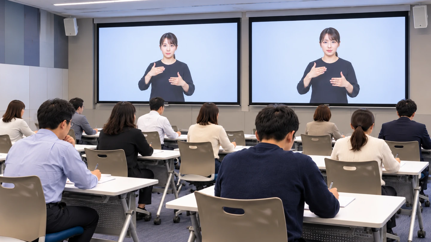 前方の2つのスクリーンに映る手話を見て解答する受験者たちを描いた、読み取り試験のイメージ