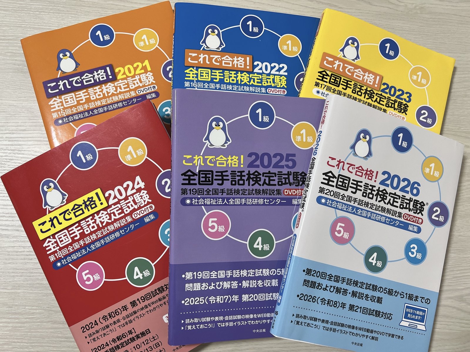 複数年分の全国手話検定試験の過去問題集を並べた写真