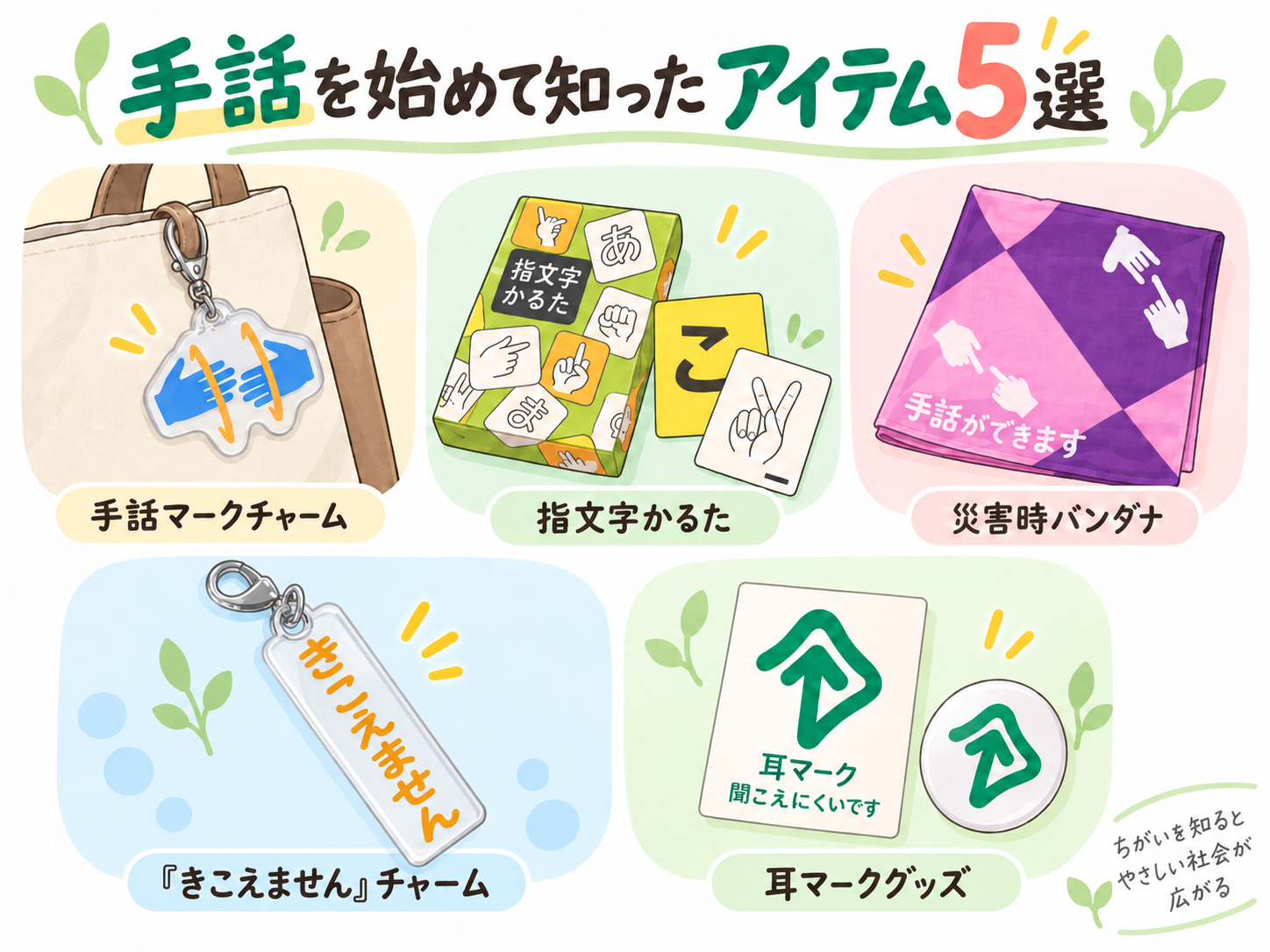 手話を始めて知ったアイテム5選。手話マークチャーム、指文字かるた、災害時バンダナ、「きこえません」チャーム、耳マークグッズ