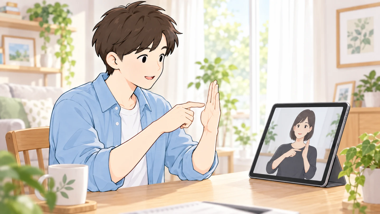 タブレットの手話動画を見ながら、表情と手の動きを参考にして練習する男性のイラスト