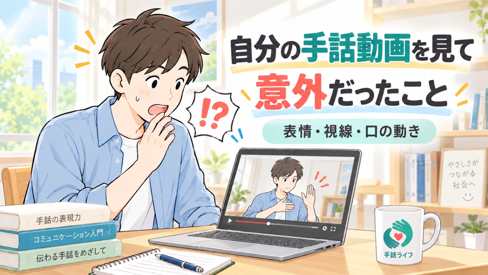 ノートPCで自分の手話動画を見返して驚く男性と、「自分の手話動画を見て意外だったこと」の文字が入ったイラスト