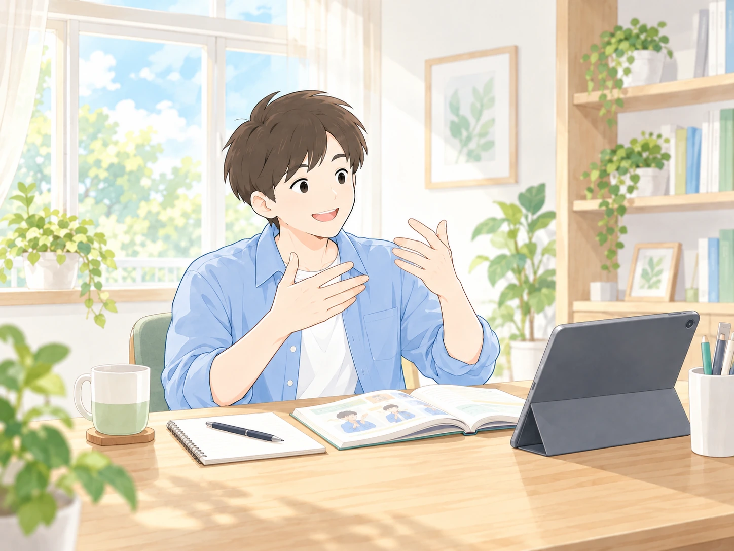 タブレットと開いた教材を前に、両手を上げて手話を練習する学習者のイラスト