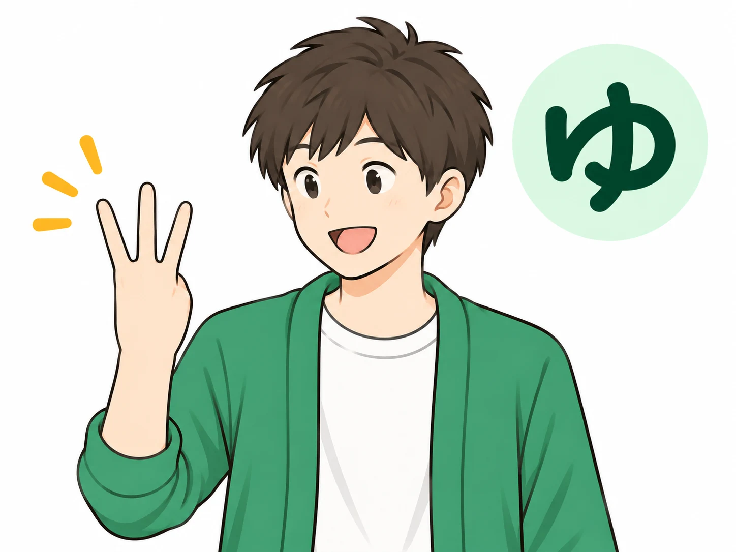 人差し指・中指・薬指を立て、手の甲を相手に向けた「ゆ」の指文字