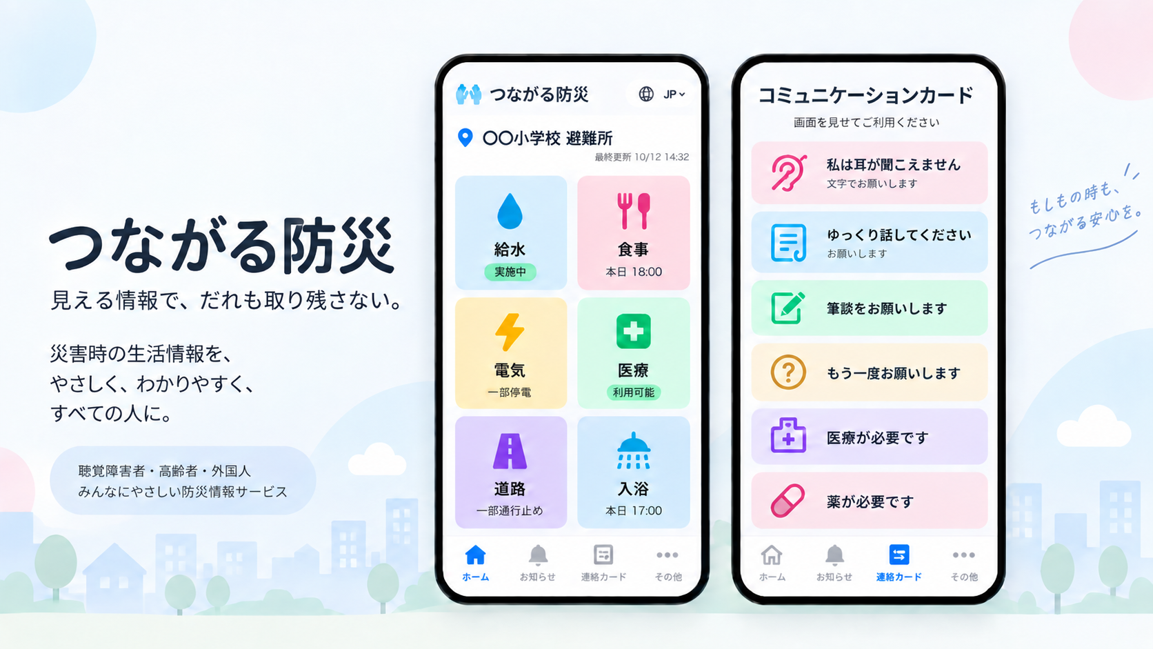 開発中の防災アプリの画面イメージ。災害情報の一覧画面とコミュニケーションカード画面